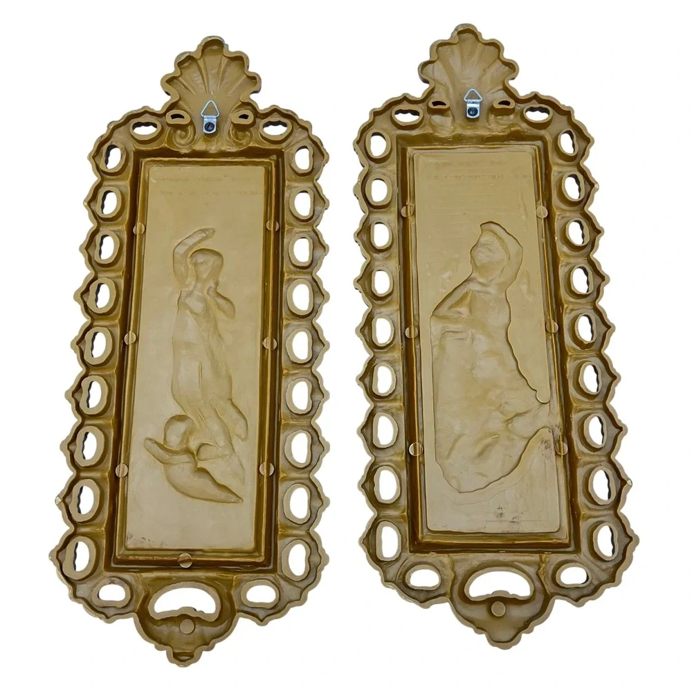 Homco Wall Plaques 7410 B Set of 2 Gold Vintage 1976 Angel Cherub Relief